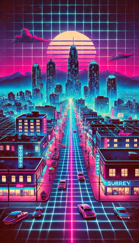 detailed vertical image of Surrey, BC, transformed into a retro 1980s aesthetic.